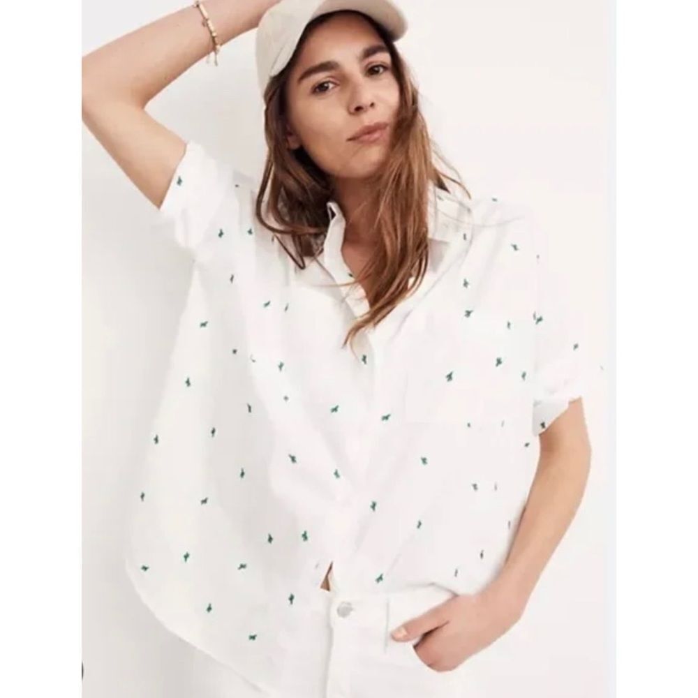 Madewell White Short Sleeve Embroidered Green Cactus 2 Pocket Courier Shirt XS